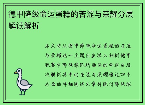 德甲降级命运蛋糕的苦涩与荣耀分层解读解析